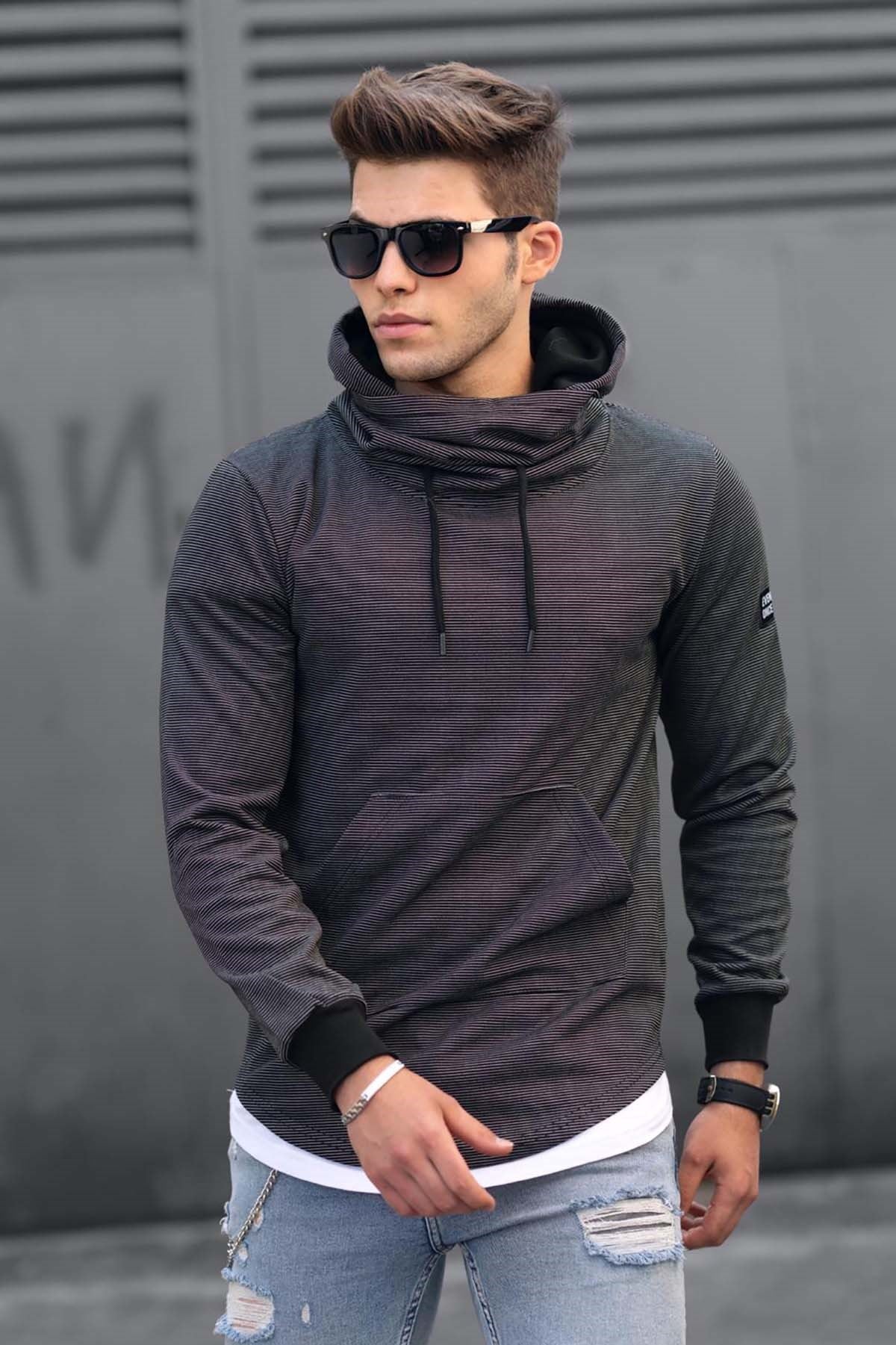 Collar Detailed Anthracite Hooded Sweatshirt
