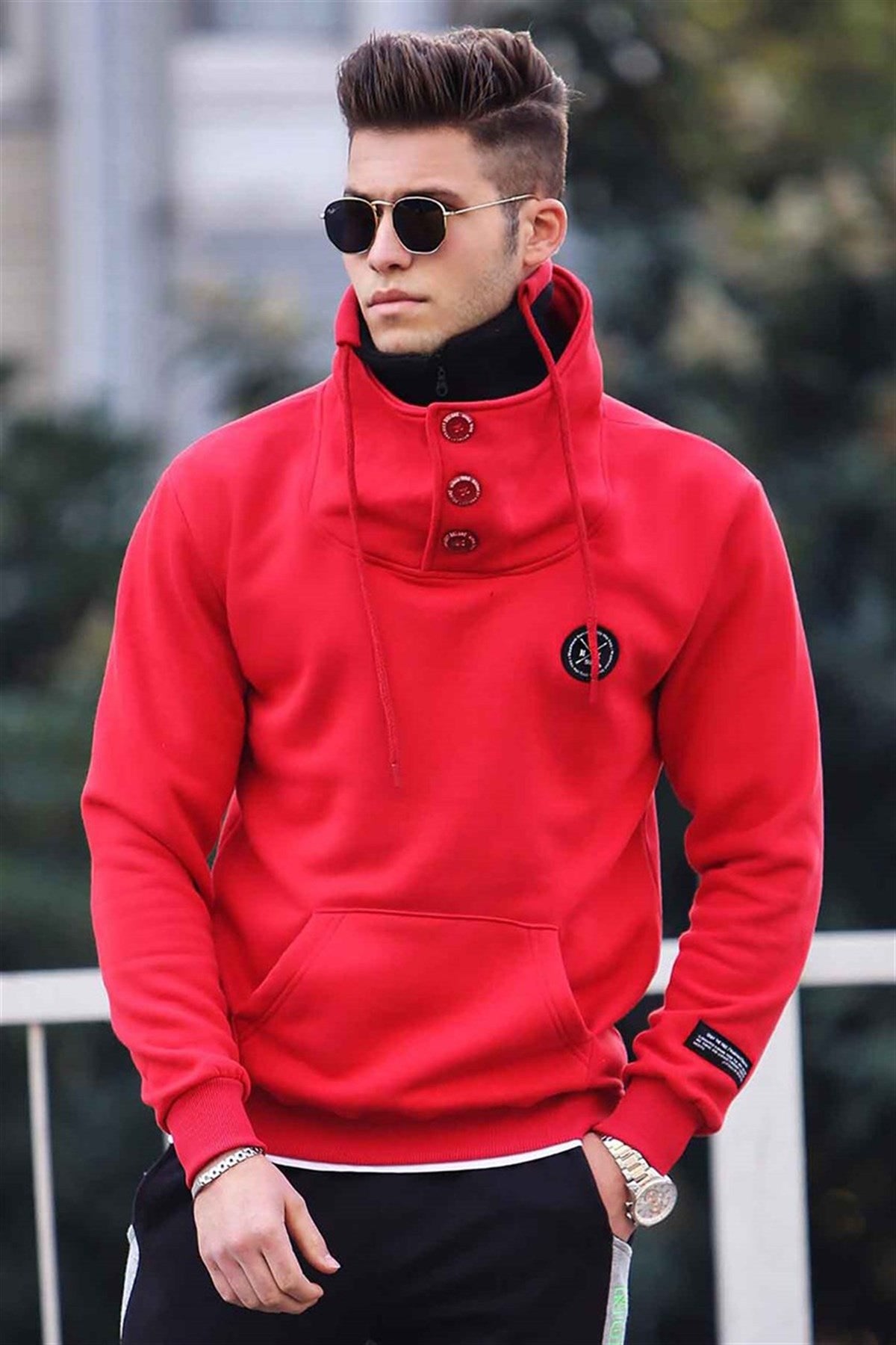 Knitwear Collar Red Sweatshirt with Button 4411