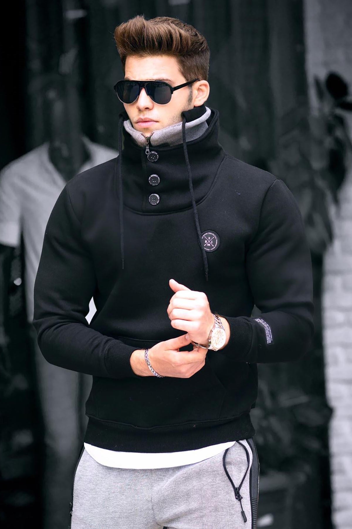 Knitwear Collar Black Sweatshirt with Button 4411