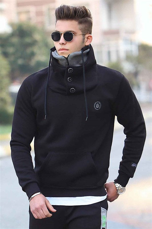 Knitwear Collar Black Sweatshirt with Button 4411