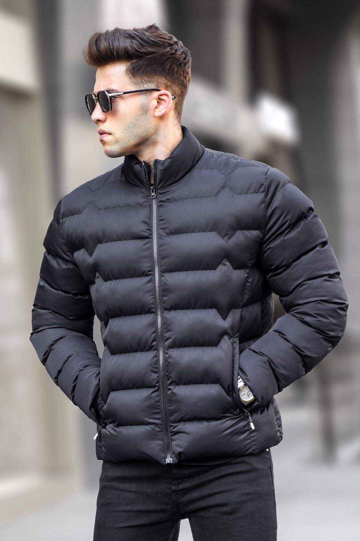 Black Inflatable Upright Collar Coat 5707