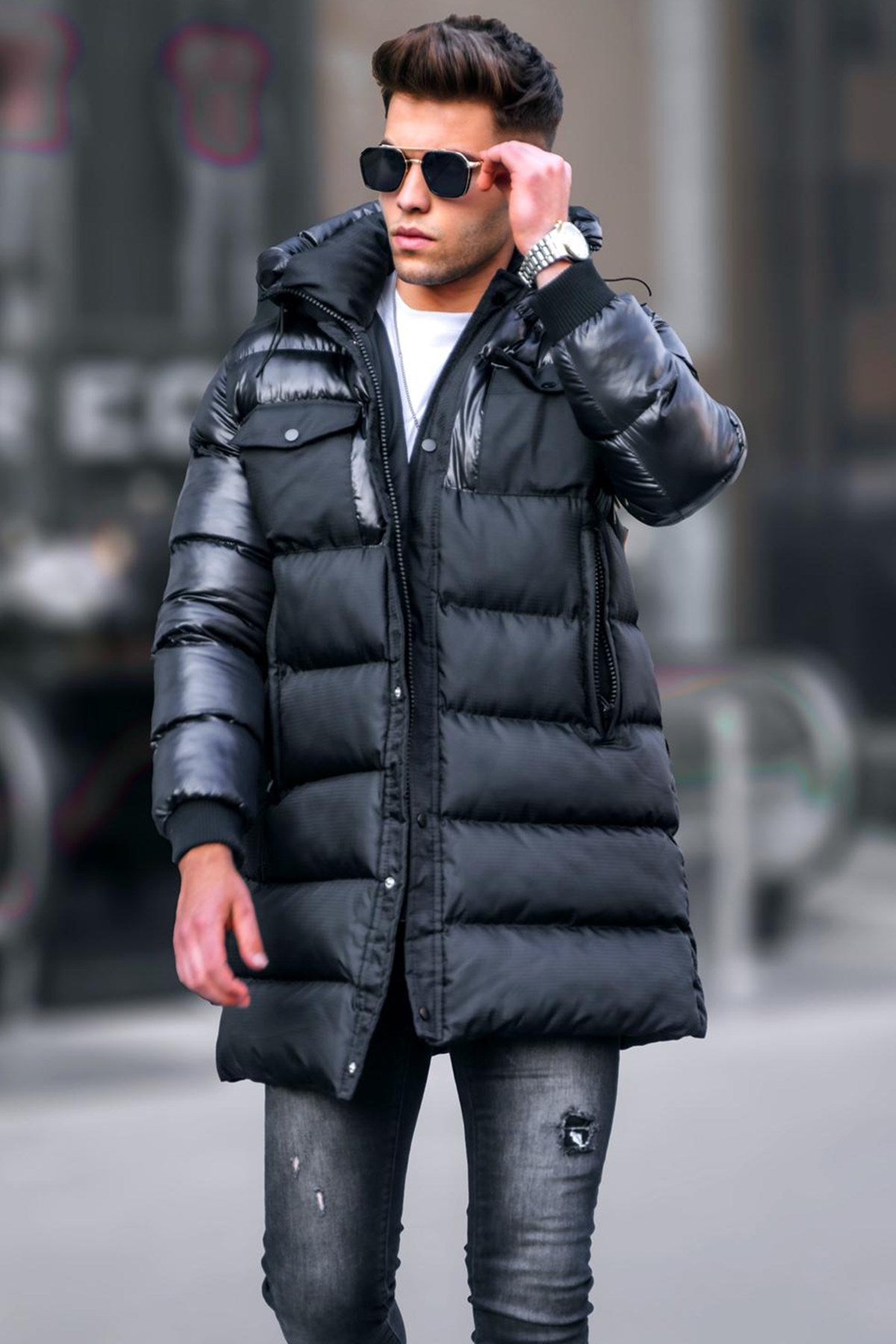 Black Pocket Detailed Hooded Inflatable Coat 5742