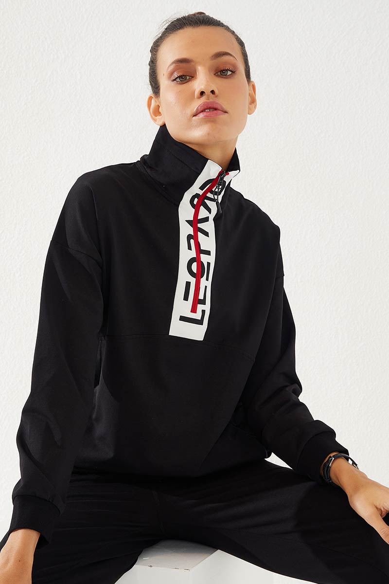 Black Women's Half Zipper Standing Collar Comfortable Form Cuffed Tracksuit Suit