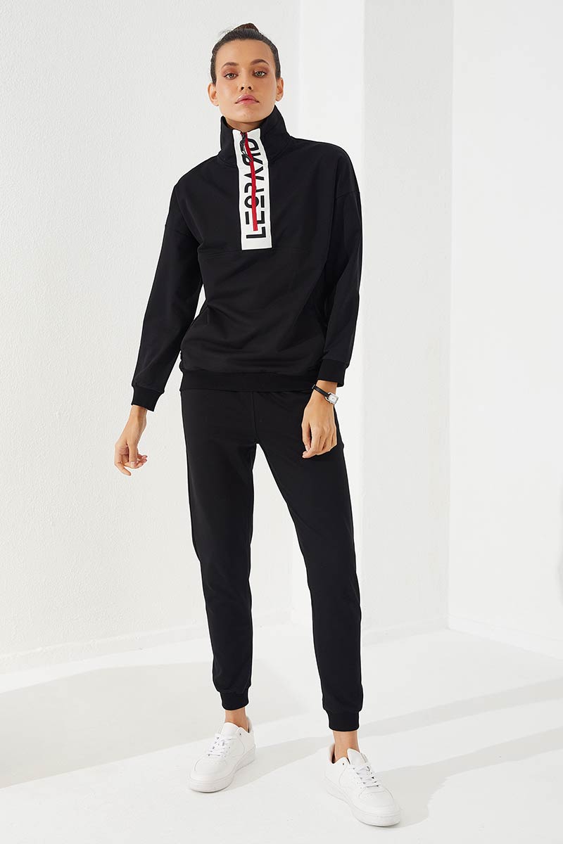 Black Women's Half Zipper Standing Collar Comfortable Form Cuffed Tracksuit Suit