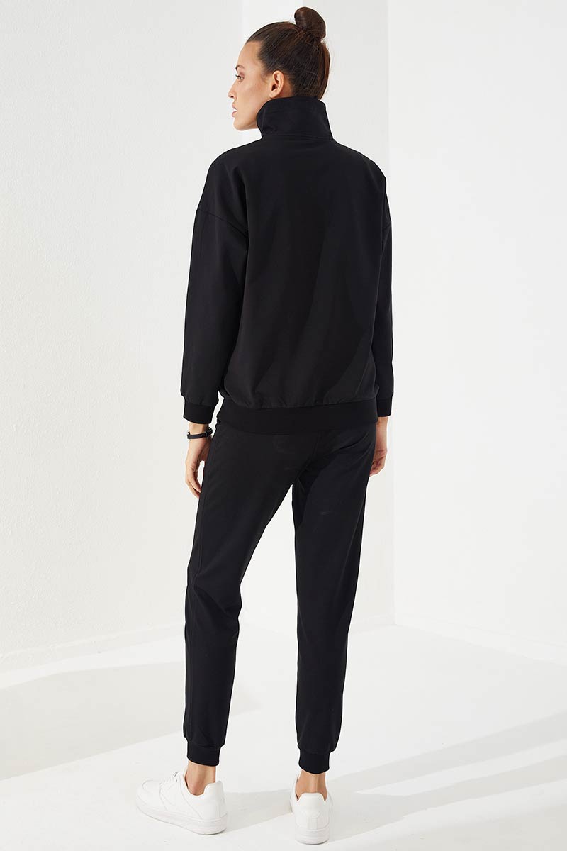 Black Women's Half Zipper Standing Collar Comfortable Form Cuffed Tracksuit Suit