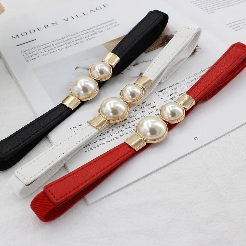 Women Double Pearl Belt Leather