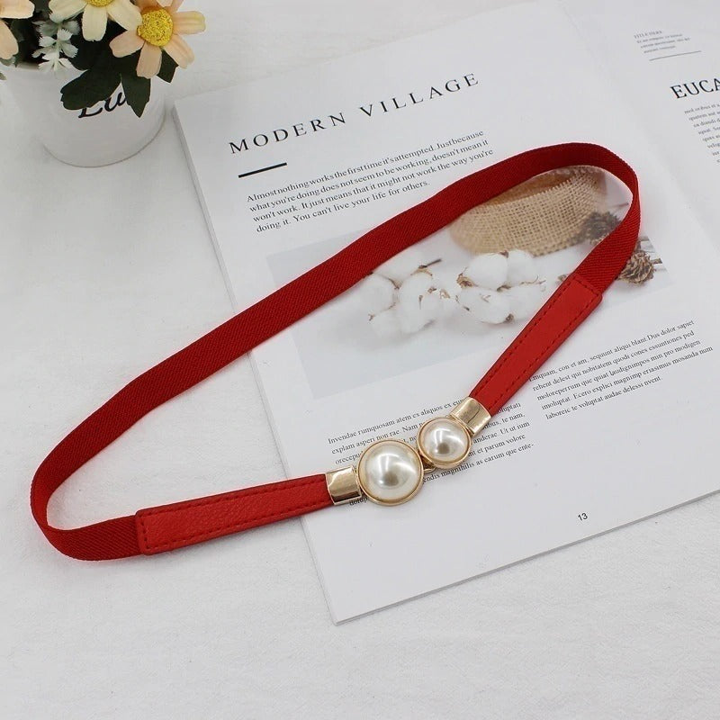Women Double Pearl Belt Leather