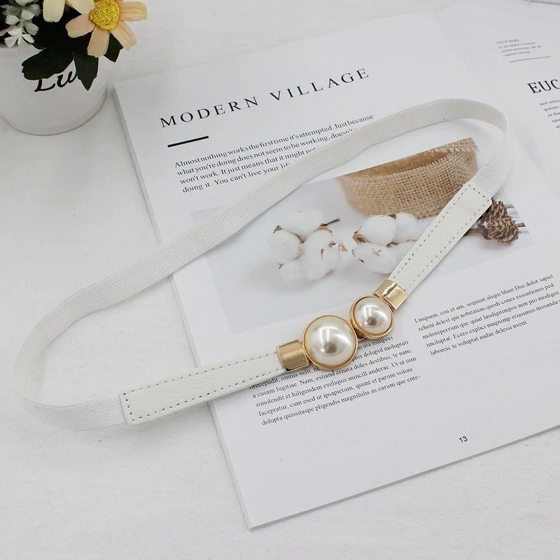 Women Double Pearl Belt Leather