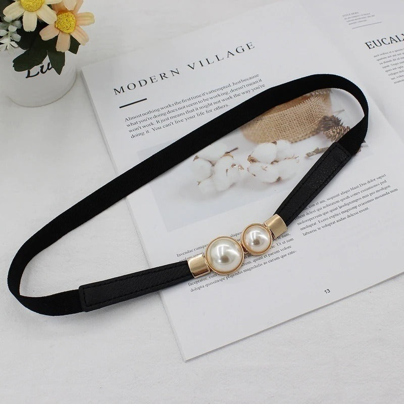Women Double Pearl Belt Leather