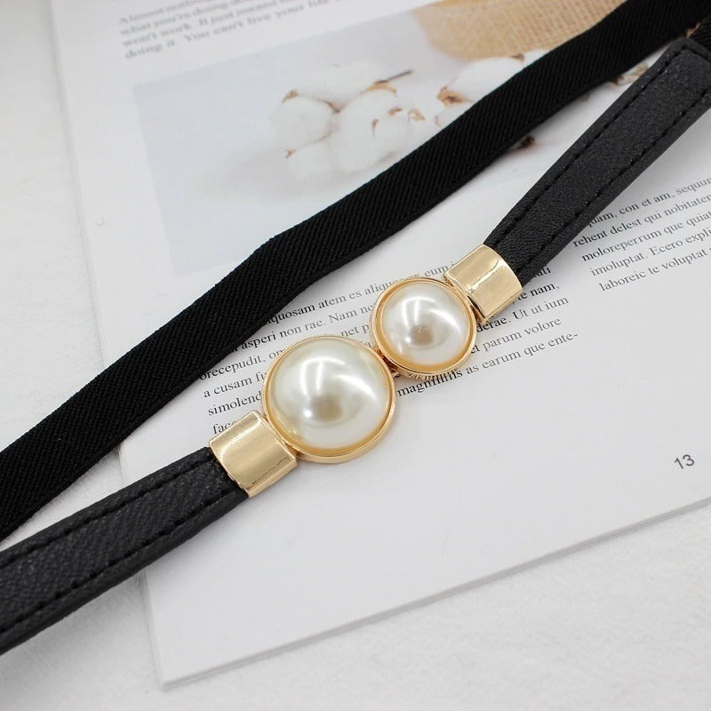 Women Double Pearl Belt Leather