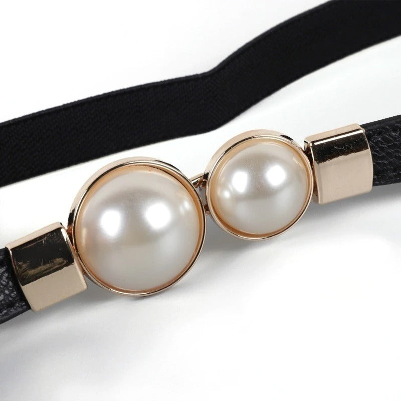 Women Double Pearl Belt Leather