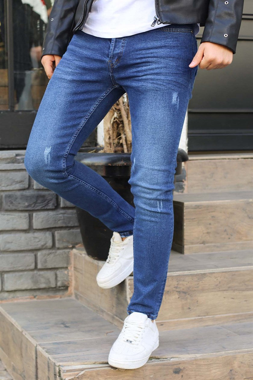 Navy Blue Patterned Slim Fit Jean - Made in Turkey