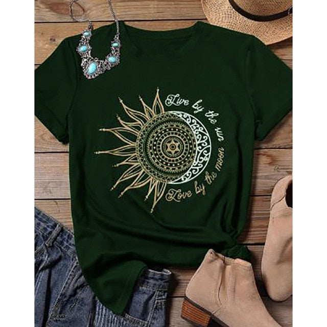 Women Casual Fashion T-shirt Sun Moon Print