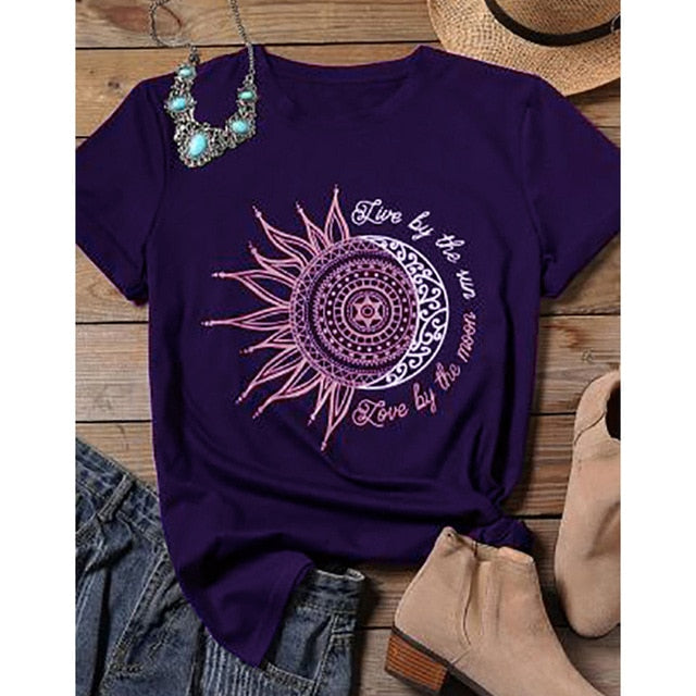 Women Casual Fashion T-shirt Sun Moon Print