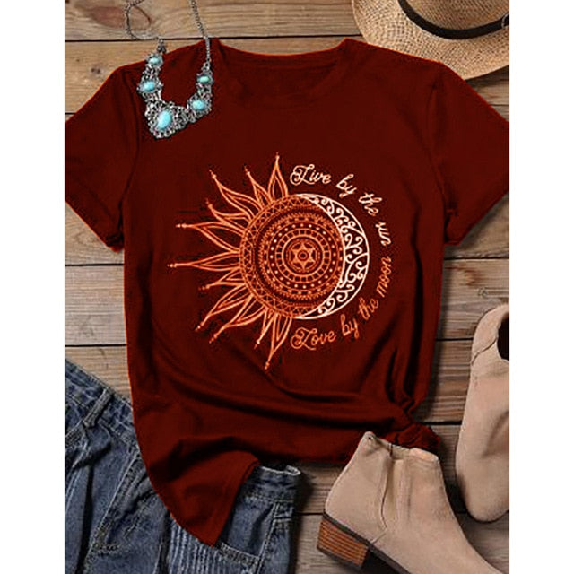 Women Casual Fashion T-shirt Sun Moon Print