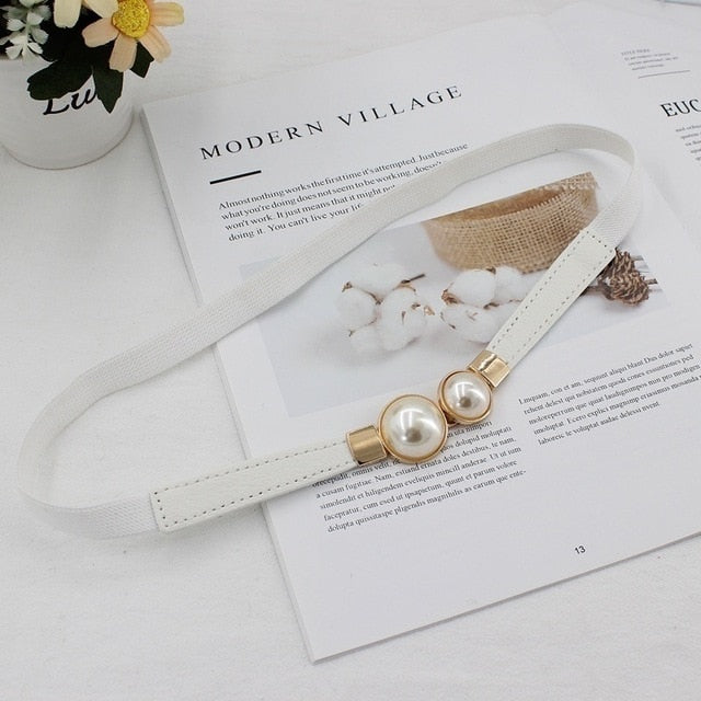 Women Double Pearl Belt Leather