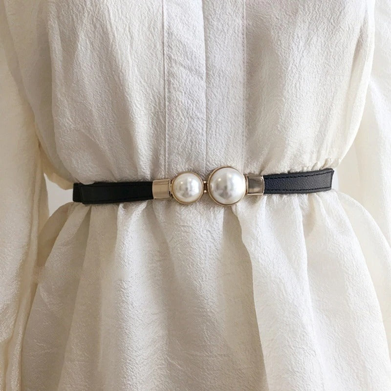 Women Double Pearl Belt Leather