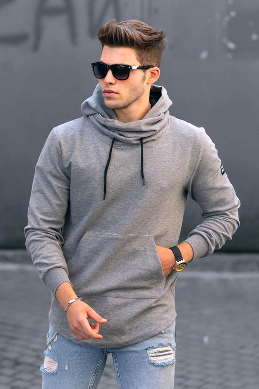 Collar Detailed Grey Hooded Sweatshirt