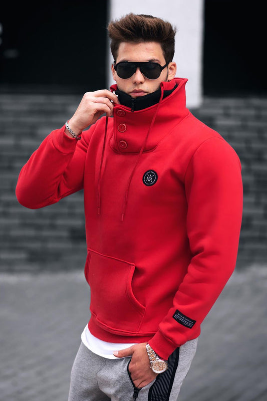 Knitwear Collar Red Sweatshirt with Button 4411