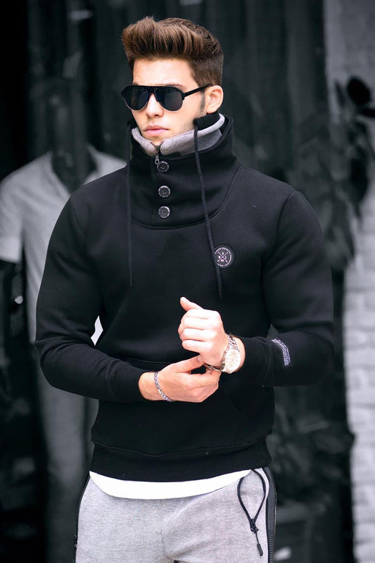 Knitwear Collar Black Sweatshirt with Button 4411