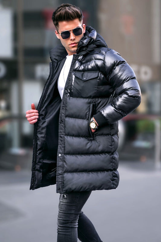 Black Pocket Detailed Hooded Inflatable Coat 5742