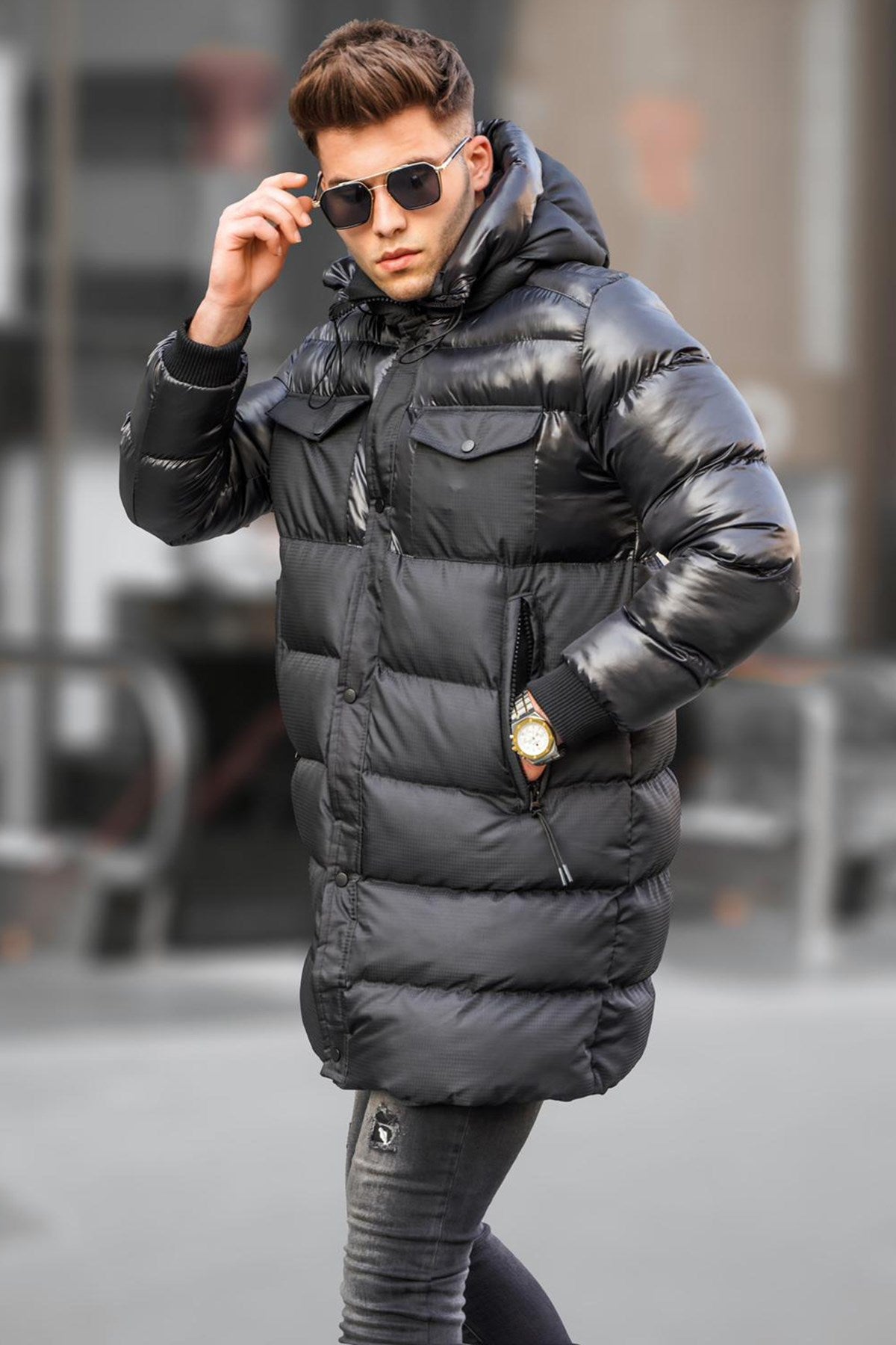 Black Pocket Detailed Hooded Inflatable Coat 5742