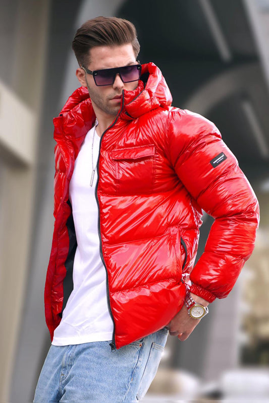 Red Glossy Basic Pocket Detailed Inflatable Coat 5994