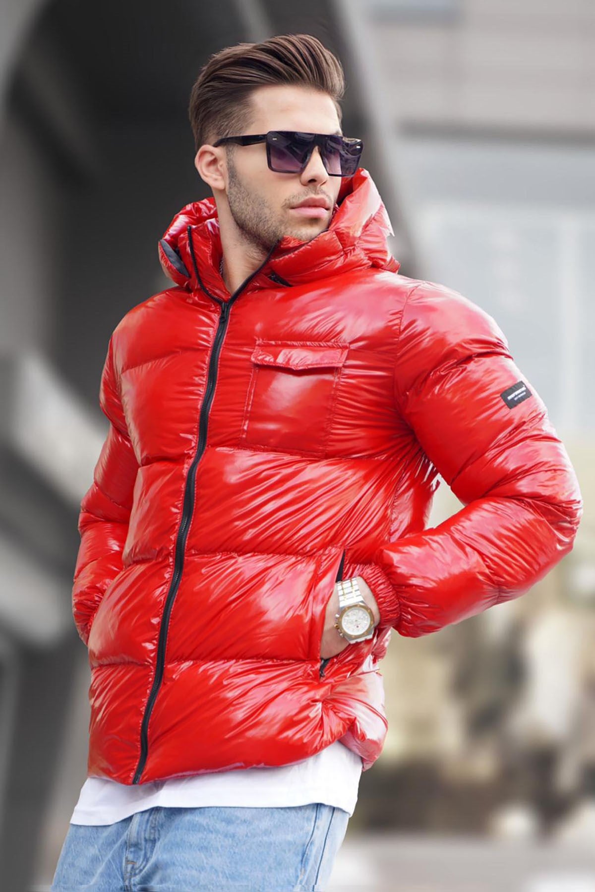 Red Glossy Basic Pocket Detailed Inflatable Coat 5994