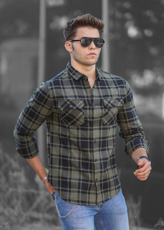 Khaki Plaid Men's Shirt - Made in Turkey