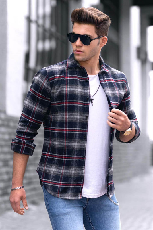 Navy Blue Checked Shirt - Made in Turkey