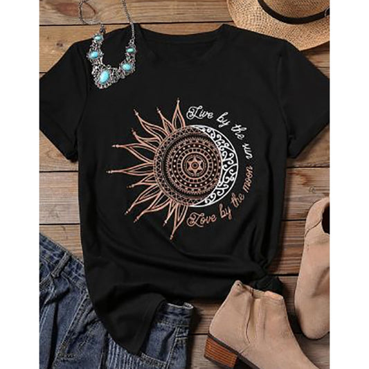 Women Casual Fashion T-shirt Sun Moon Print
