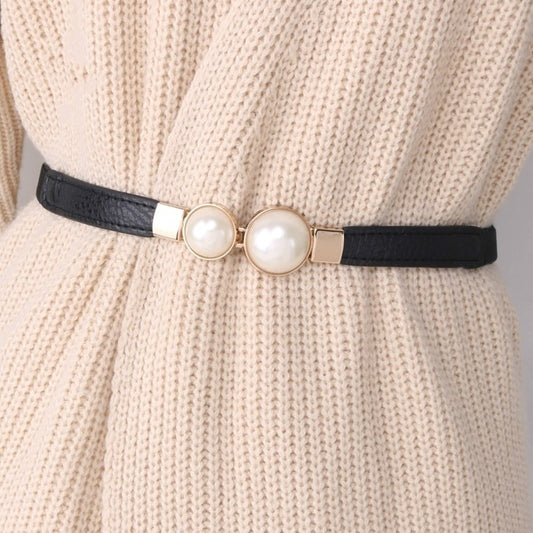 Women Double Pearl Belt Leather