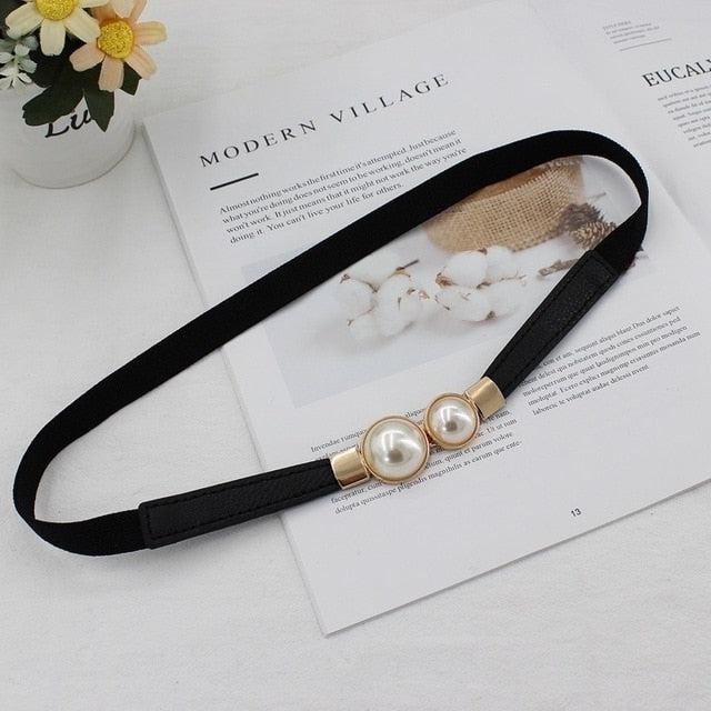 Women Double Pearl Belt Leather